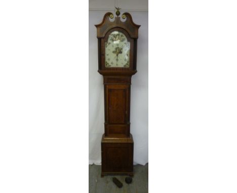A 19th century oak cased long case clock with painted enamel dial, swan neck pediment to include weight and pendulum