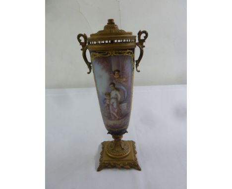 A Sevres style hand painted tapering cylindrical lamp base with gilded metal mounts
