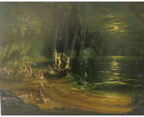 (XIX). A moonlit rocky shore scene with nymphs dancing to harp music, unsigned, oil on canvas, unframed, re-lined, 46 x 57 cm