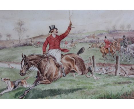 H. GALLAND (XIX-XX). Hunting scene with riders and hounds crossing a brook, signed lower left, watercolour, unframed, 27 x 37