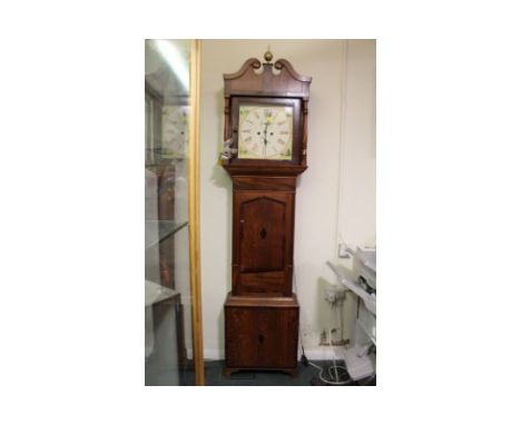 A NINETEENTH CENTURY OAK AND MAHOGANY LONGCASE CLOCK, with eight day movement, the painted face with subsidiary dated and sec