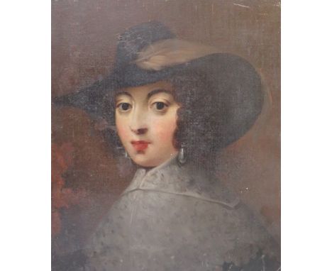 (XIX). A portrait study of a young woman wearing a feathered hat, unsigned, oil on canvas, unframed, re-lined, 38 x 32 cm
