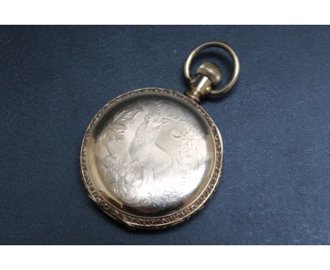 AN A.W.W.CO WLATHAM MASS ENGRAVED GOLD PLATED FULL HUNTER MANUAL WIND POCKET WATCH, the case detail with a Stag, Dia 5 cmCond