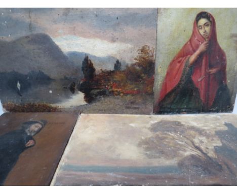 (XX). A selection of various oil paintings to include two stormy landscapes, unsigned, oils on board, unframed, 16 x 23 cm, a