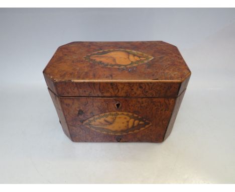 A NINETEENTH CENTURY WALNUT INLAID TEA CADDY,  the hinged lid opening to a twin lidded interior, H 13 cm, W 19 cm
