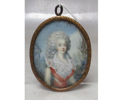 (XVIII-XIX). An oval portrait miniature of a young woman with landscape in background, unsigned, framed and glazed, 6 x 5 cm