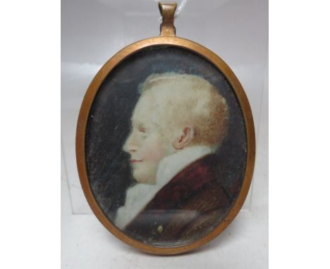 (XIX). An oval portrait miniature on ivory of a gentleman in profile, unsigned, framed and glazed, 7 x 5.5 cm