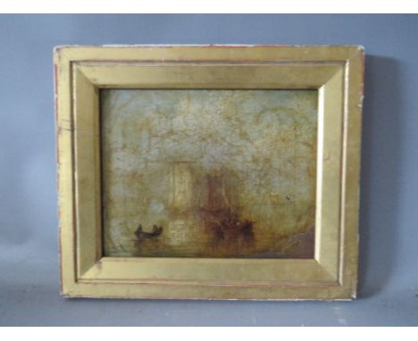 (XIX). A seascape with sailing vessels, figures and rowing boats, unsigned, oil on canvas, framed, 19 x 24 cm