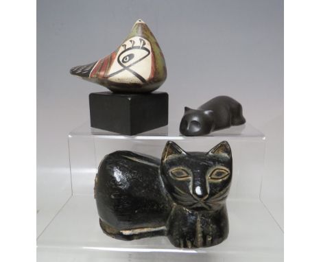 AN UNUSUAL MODERNIST / PICASSO STYLE STUDY OF A BIRD ON A PLINTH,  H 13 cm, together with a painted wooden figure of a cat an