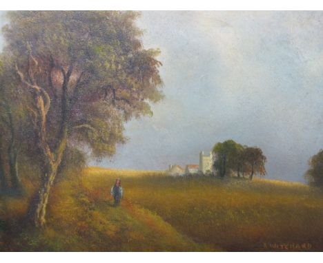 R. WITCHARD (XX). A wooded landscape with figure, church in distance, signed lower right, oil on board, framed, 19 x 24 cm