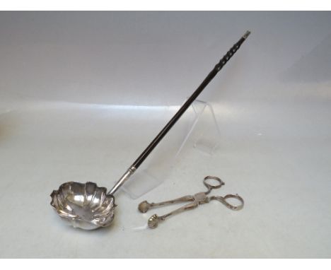 A HALLMARKED SILVER / WHALE BONE TODDY LADLE - LONDON 1770, overall length 38 cm, together with a pair of hallmarked silver s