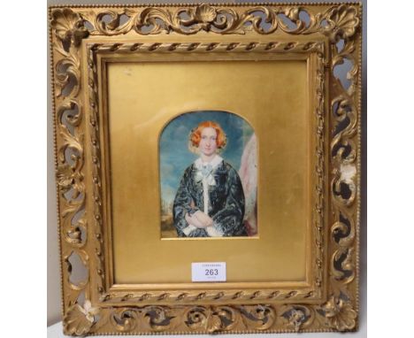 (XIX). A portrait miniature on ivory of an elegant young woman with landscape beyond, unsigned, framed in Florentine frame an