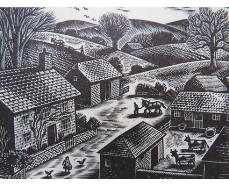 GWENDA MORGAN (b.1908). 'Downland Farm', with figures, horses, cattle and chickens, etc., singed in pencil lower right, limit