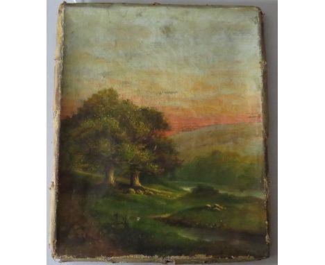 T. R. (XIX). A wooded river landscape with sheep at sunset and hills beyond, signed with initials lower left, oil on canvas, 
