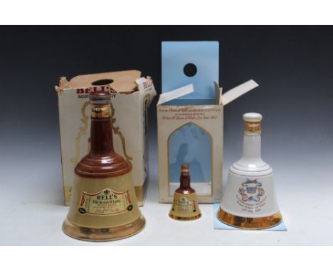 A SEALED CERAMIC DECANTER OF BELL'S OLD SCOTCH WHISKY,  together with a 1982 Prince William half size example and a miniature