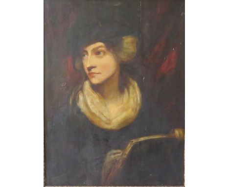 (XVIII-XIX). A half length portrait study of a young woman writing, unsigned, oil on panel, framed, 68 x 51 cm
