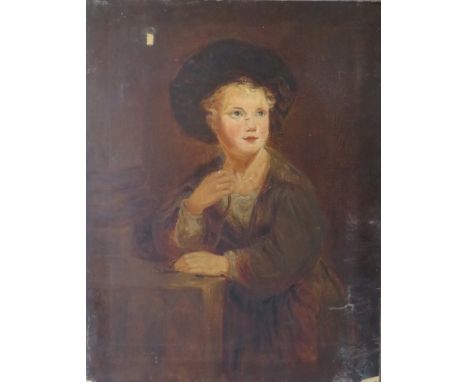 (XIX). A portrait study of a seated young child wearing a hat, unsigned, oil on canvas, unframed, re-lined, 91 x 71 cm