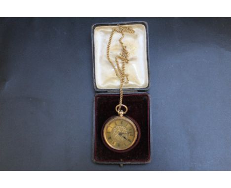 A 14K OPEN FACE MANUAL WIND FOB WATCH, on gold plated chain, Dia 3.75 cm