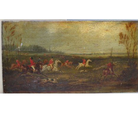H. DESUIGNES. An extensive hunting scene with huntsmen, horses and hounds, signed and dated 1837 lower right, oil on panel, u