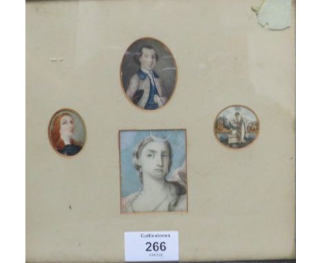 (XIX). Four portrait miniatures on ivory in one frame, comprising a woman in c;classical dress in ornamental garden - A/F, tw