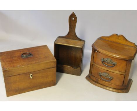 AN ANTIQUE MAHOGANY TEA CADDY, PART FITTED INTERIOR, W 23.5 cm, together with a naive two drawer chest and an oak tray box (3