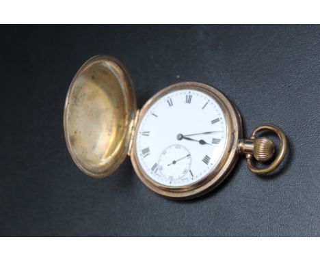 A DENNISON GOLD PLATED FULL HUNTER MANUAL WIND POCKET WATCH, Dia 5 cmCondition Report:working capacity unknown - currently ti