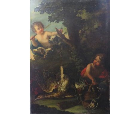 (XVIII-XIX). Continental school, a wooded landscape with two putti with hunting dogs and dead game, unsigned, oil on canvas, 