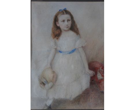 (XIX). British school, portrait study of a young girl with blue sash, unsigned, watercolour, framed and glazed, 38 x 28 cm