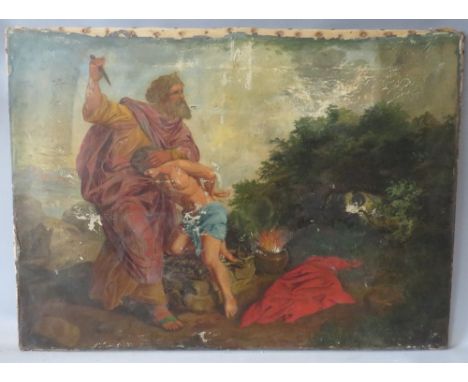 (XVIII-XIX). A wooded landscape with man with dagger and blindfolded boy by a well being watched by a ram, unsigned, oil on c