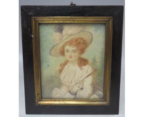 (XVIII-XIX). A portrait miniature on ivory, half-length study of a young lady wearing a hat, landscape in background, inscrib