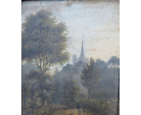 R. LADBROOKE (XIX). A village wooded lane scene with figures and church spire in background, signed verso, oil on paper laid 