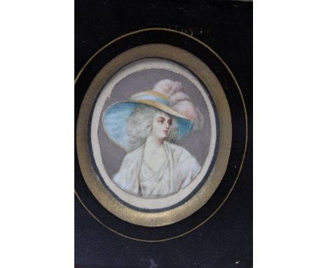 (XIX). An oval portrait miniature on ivory, study of a lady in large feathered hat, unsigned, framed and glazed, 5 x 4 cm