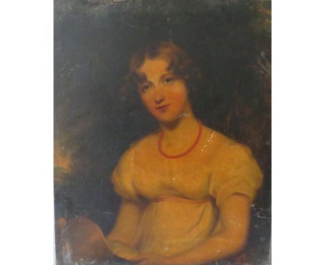 (XVIII-XIX). A half length portrait study of a young woman holding a hat, unsigned oil on canvas, unframed, re-lined, 76 x 64