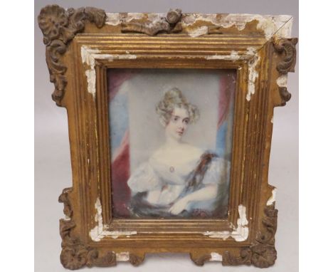 (XIX). Portrait miniature on ivory, study of an elegant young lady standing before a pillar, landscape in background, indisti