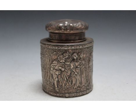 A CONTINENTAL SILVER TEA CADDY, with repousse decoration throughout with an Elizabethan style scene, import marks for 1912, a