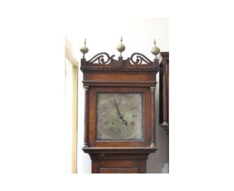 A 19TH CENTURY OAK BRASS FACED LONGCASE CLOCK, the 11" brass dial with eight day movement, Roman and Arabic numerals to the d