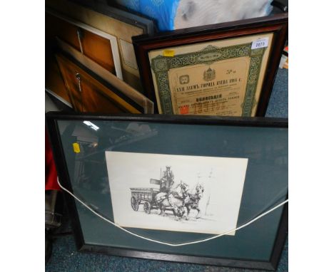 Pictures and prints, to include a Russian Loan of The City of Kieff 1914 certificate, a print of horse ploughing, etc. (a qua