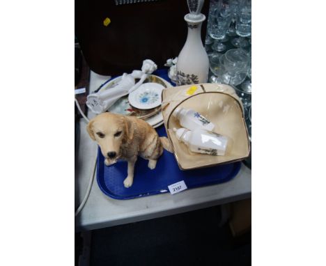 Various drinking glasses, a Royal Doulton Animals Golden Retriever figure, a pair of Royal Worcester miniature jars and cover