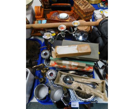 A quantity of cased flatware, a brass hand bell, Therindex thermometer in a leaf carved surround, miniature brass and copper 