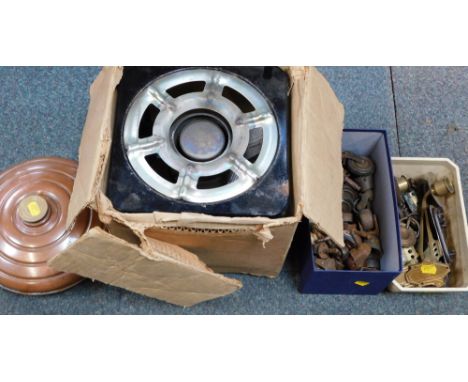 A vintage stove, furniture castors and fittings, and a copper hot water bed warmer. (a quantity)