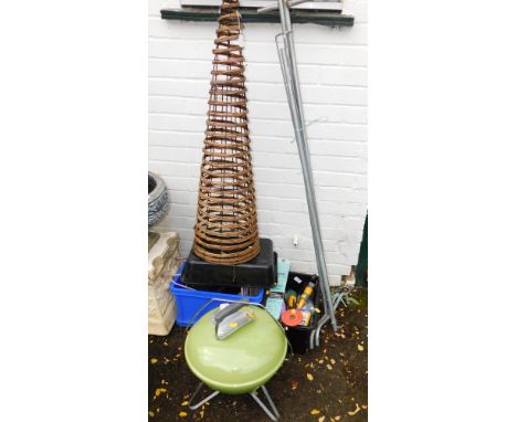 A Weber portable BBQ Smoky Joe barbecue, rattan garden obelisk, metal clothes rail,  bicycle saddle, petrol can, bolts, sundr