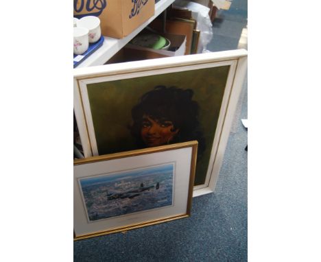 Two pictures, comprising a print of a lady, and a print of a Lancaster over Lincoln.