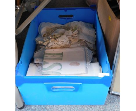 A late 19thC/early 20thC christening gown, a faux pearl floral headpiece, linen including some worked, etc. (1 box)