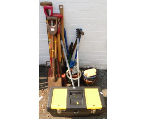 A Stanley Classic tool box, with a selection of tools to include hand drill, saws, etc. and a collection of other hand tools 
