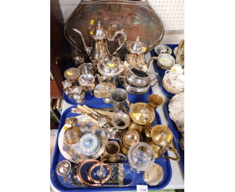 A collection of silver plated ware, to include two handled tray, coffee pot, teapot, two handled sugar bowl, a Wedgwood Jaspe