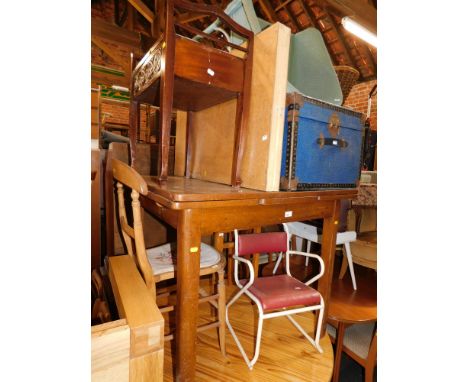 An oak draw leaf table, together with chairs, trunk, child's tubular chair, etc. (8)