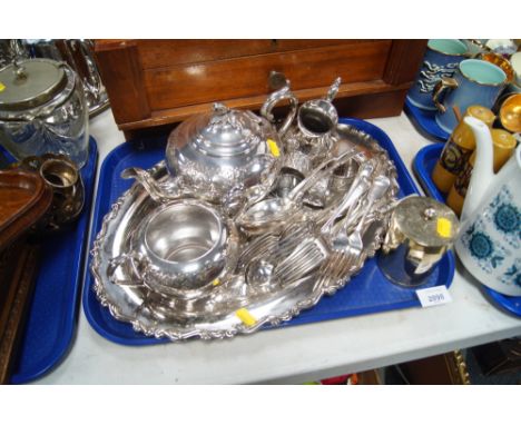 Silver plate, to include tray, loose flatware, three piece tea service, napkin rings, etc. (1 tray)