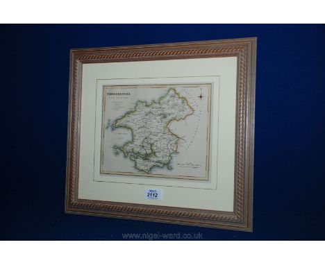 A framed Print of map of Pembrokeshire.  9 1/2'' x 7 1/2''