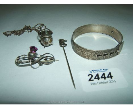 A Charles Horner Silver Brooch, Silver buckle Bangle, Silver and agate set cauldron Pendant and a Silver hound stick Pin