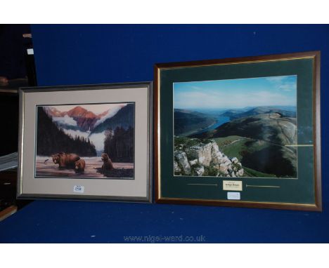 A Print depicting bears fishing by Liz Mitten Ryan plus a Photograph of a river valley and mountains